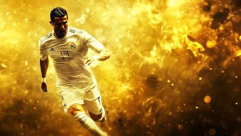 Dynamic footballer sprint in golden particle explosion digital.