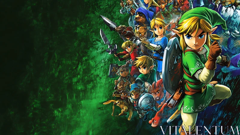 Multiple sword-bearing fantasy heroes on textured green field.