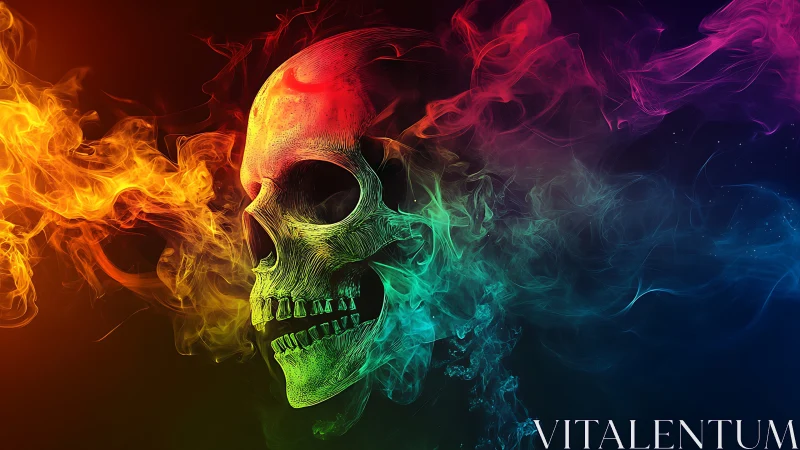 Multicolored digital skull forms from luminous drifting smoke