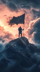 Figure with flag on rocky summit under dense storm clouds.