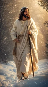 Serene robed figure walks through glowing winter snowfall