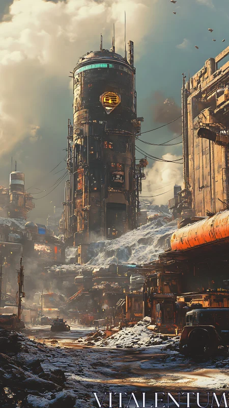 Cylindrical megastructure in post‑industrial snowfield settlement.