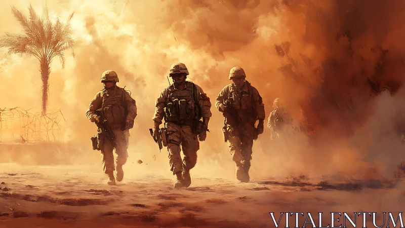 Desert firestorm swallows marching soldiers in molten light