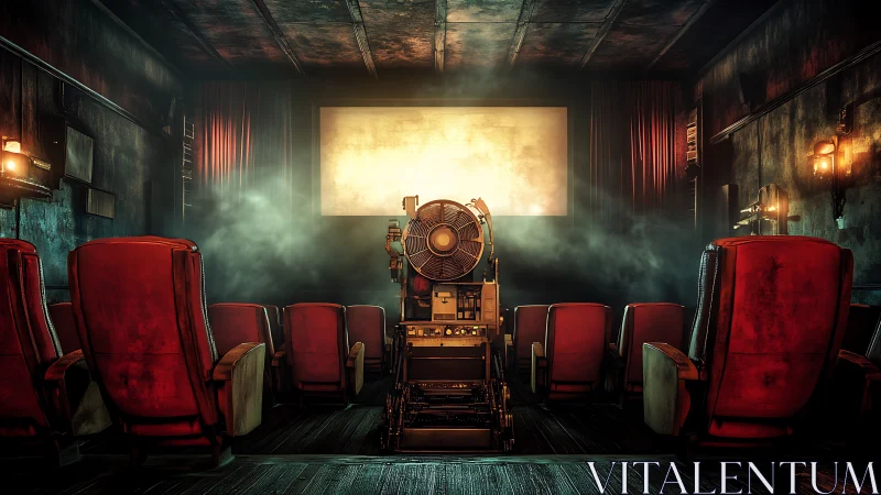 Vintage film projector glows inside a smoky empty cinema.
