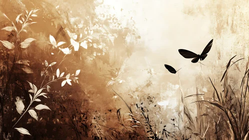 Butterflies and foliage overlap on textured sepia background