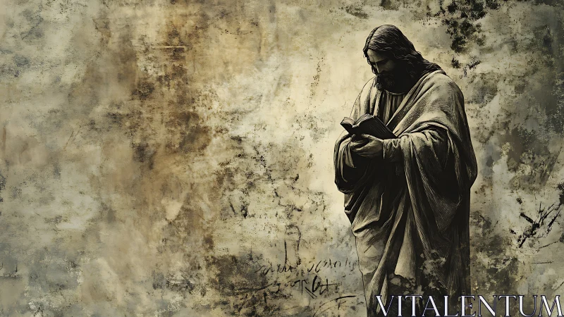 Solitary robed figure studies scripture in weathered space.