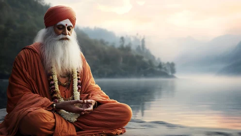 Serene elder meditates beside misty mountain lake at dawn.