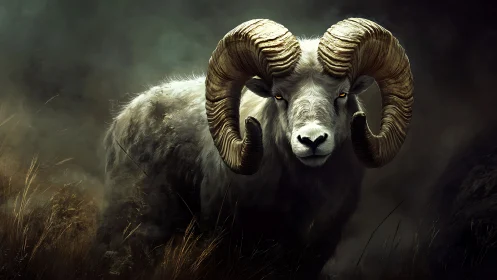 High-contrast ram portrait emphasizes horn topology and volumetric fog