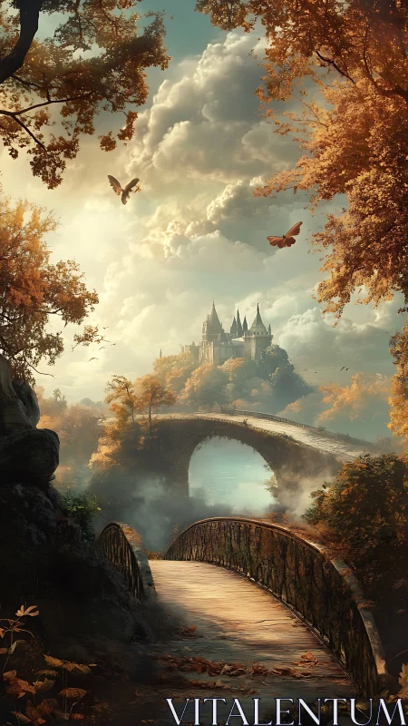 Autumn bridge leads toward mist-shrouded castle vista.