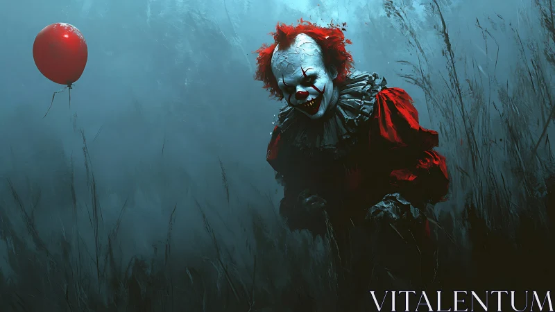 Sinister clown advances through fog with vivid red balloon