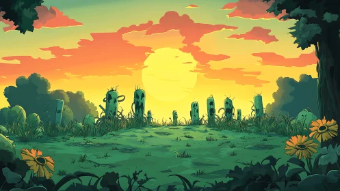 Cartoon sunset graveyard in overgrown green meadow.