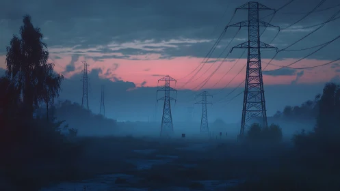 Steel giants whisper through mist beneath electric dawn glow