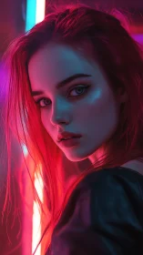 Neon side-lit portrait isolates red-haired subject in shallow focus