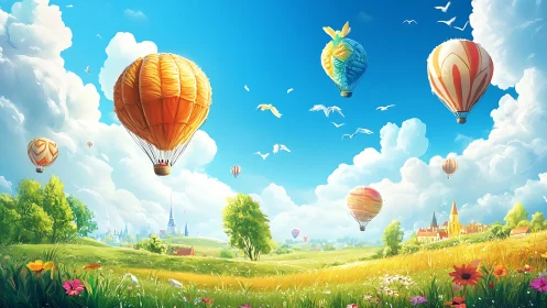 Vibrant hot air balloons drift above sunlit country fields.