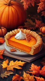 Pumpkin pie slice on board with autumn leaves and pumpkins.