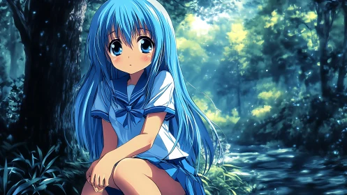 Blue haired anime girl sits quietly beside a sunlit stream