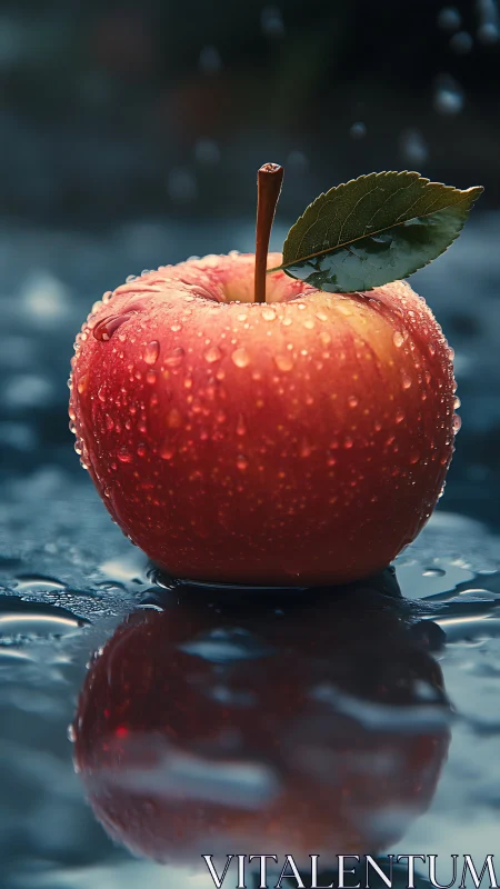 Single wet red apple sits on reflective dark surface