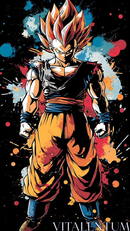 Stylized muscular warrior with spiked hair on splatter field.