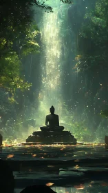 Meditating Buddha statue anchors luminous jungle waterfall