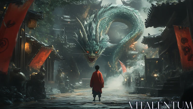 Courage in the Mist: Child Confronts a Serpentine Dragon.