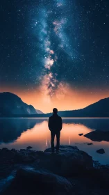 Silhouette contemplates the Milky Way above a glowing lake