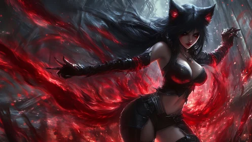 Dark forest demon warrior with red energy aura poised.