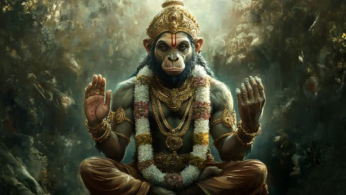 Regal simian deity in ornate meditative splendor.