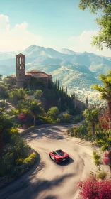 Scarlet supercar pirouettes beneath a sunlit hilltop monastery