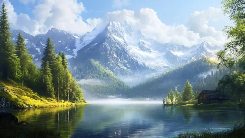 Whispering alpine lake beneath storybook snowpeaks.