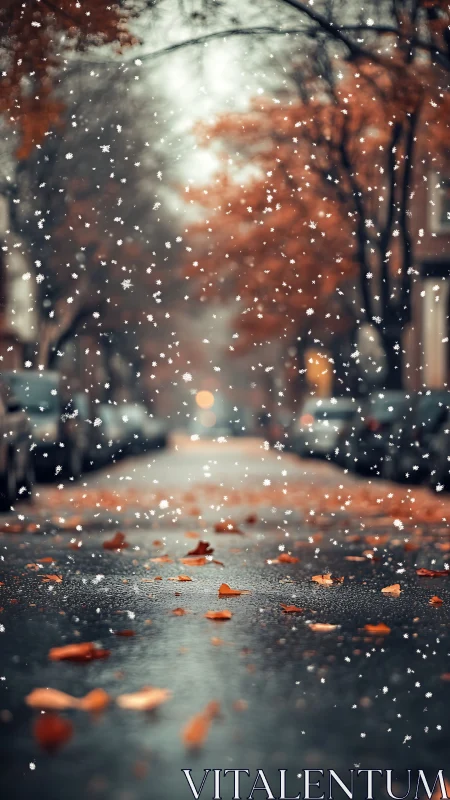 Shallow-depth city street with autumn leaves and first snowfall