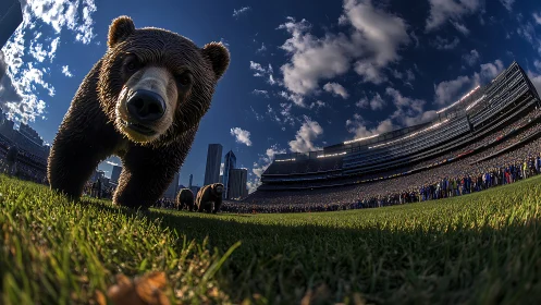 Ultra-wide stadium view distorts foreground bear sculpture dramatically