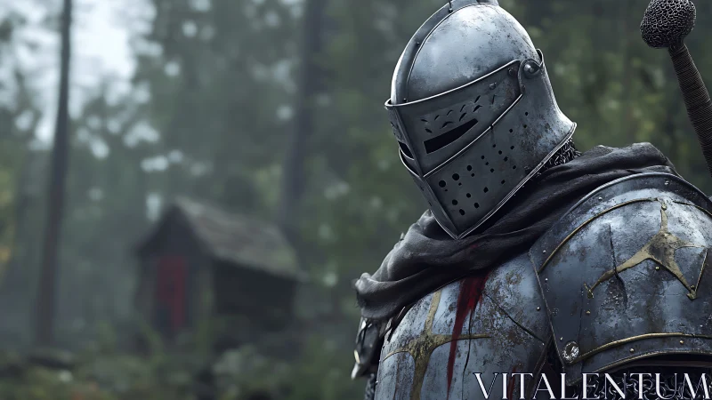 Armored medieval knight stands in forest near small cabin