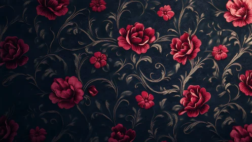 Textile pattern with crimson flowers on dark ground
