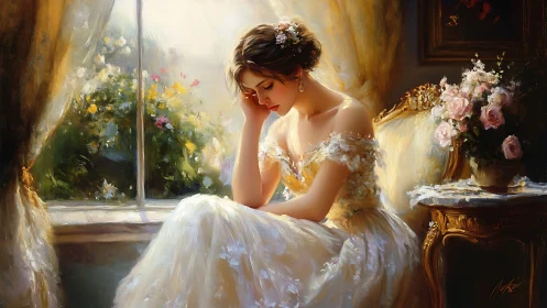 Seated woman in bridal dress is posed beside window light
