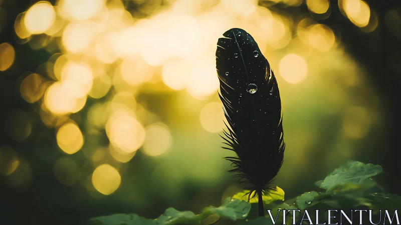 Black feather with dew drops in dreamy golden bokeh lighting.