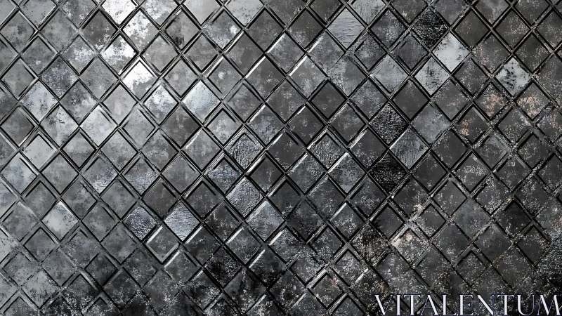 Industrial metallic diamond tile grid with weathered patina.