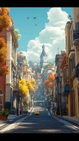 Procedural hillside avenue with towered skyline depth study.