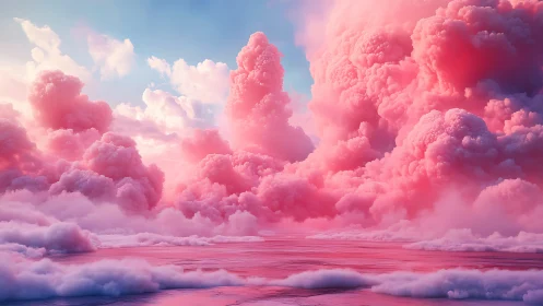 Cotton candy nebula clouds over reflective pastel horizon.