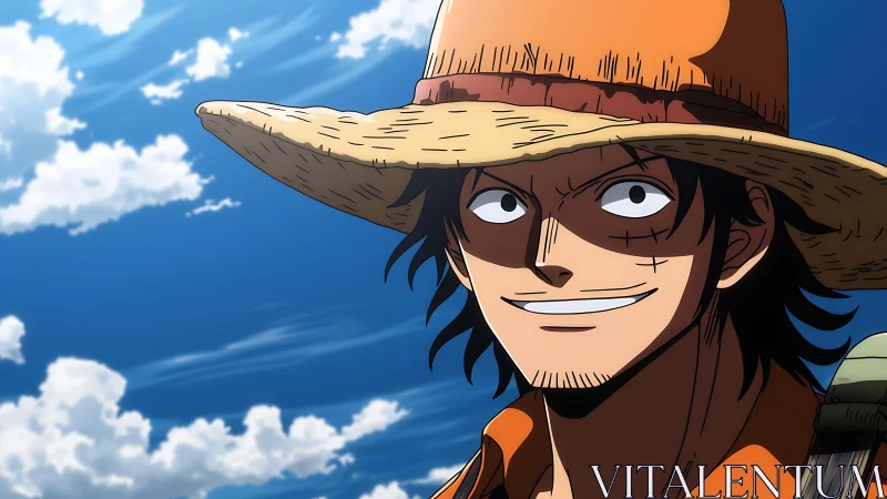 Straw hat character in profile under clear daytime sky.