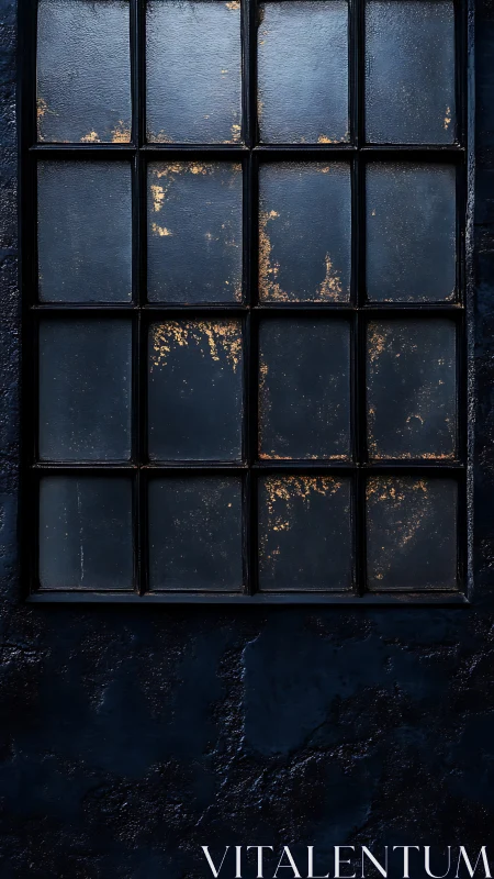 Grimy industrial window reflects faint warm light on dark wall