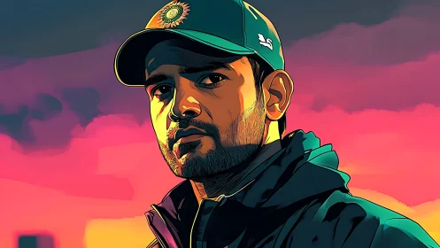 Sunset-lit sports portrait in bold, colorful strokes.