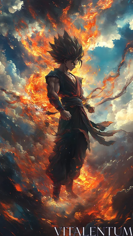 Volcanic aura warrior suspended in turbulent cloud strata.