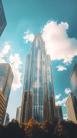 Symmetric glass skyscraper under wide‑angle vertical compression.