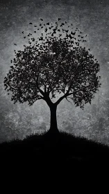 Silhouette arboreal structure dissolving into avian vectors.