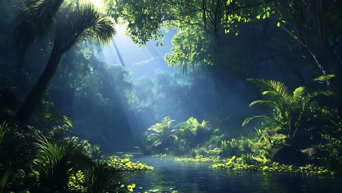 Luminous Jungle Sanctuary: Rainforest Glade With Crystalline Waters.
