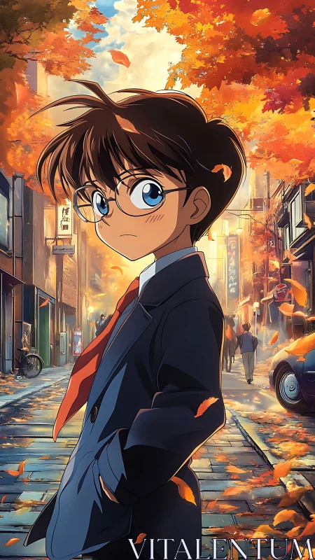 Boy in suit on autumn city street with falling leaves.