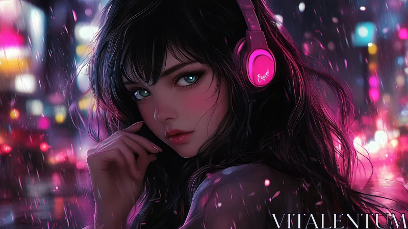 Neon-soaked anime portrait with urban rain and headphone glow.