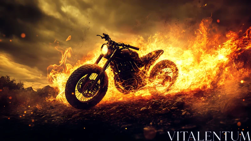 Custom scrambler motorcycle engulfed in cinematic ring of fire