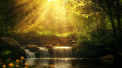Tranquil Sunlit Forest Waterfall Scene in Lush Greenery.