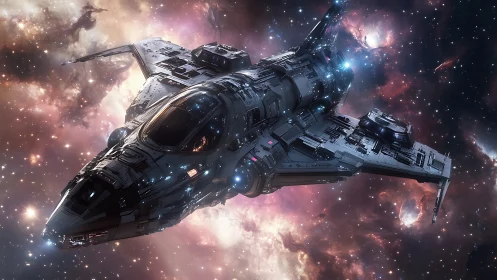 Detailed sci fi starship cruising through colorful nebula.